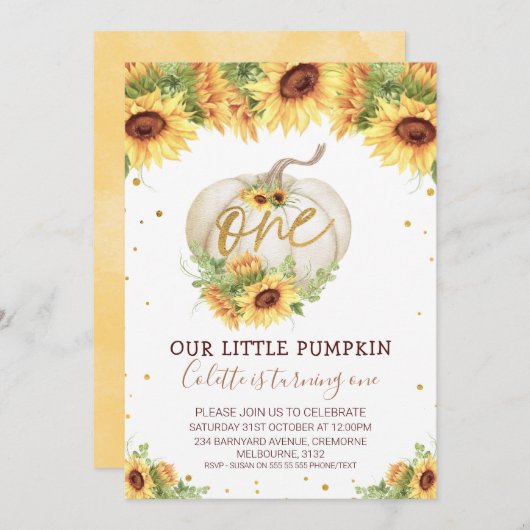 Glitter One Sunflower Pumpkin 1e verjaardag Kaart (Voorkant / Achterkant)