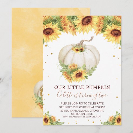 Glitter One Sunflower Pumpkin Birthday Invita Kaart (Voorkant / Achterkant)