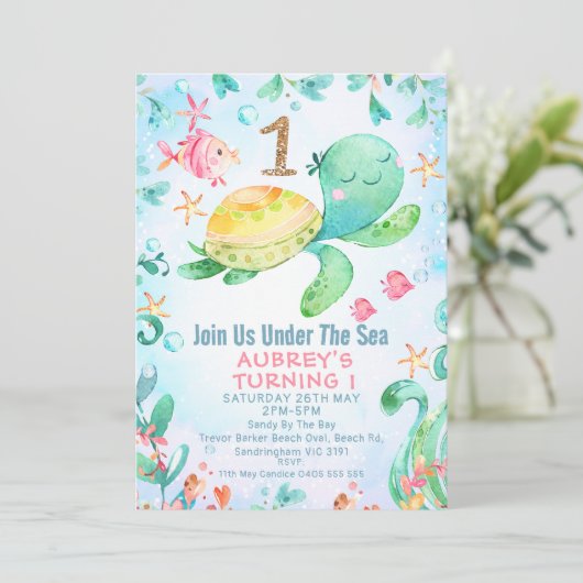 Glitter One Zee Turtle under Zee 1st Birthday Kaart (Staand voorkant)