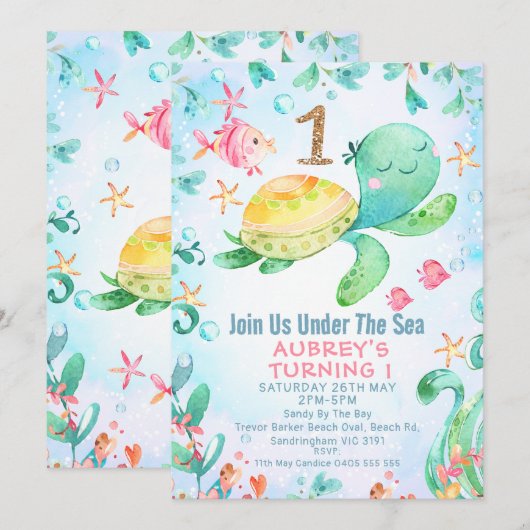 Glitter One Zee Turtle under Zee 1st Birthday Kaart (Voorkant / Achterkant)