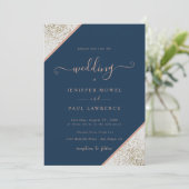 Glitter op off wit & marineblauw bruiloft kaart (Staand voorkant)