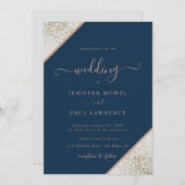 Glitter op off wit & marineblauw bruiloft kaart (Voorkant / Achterkant)