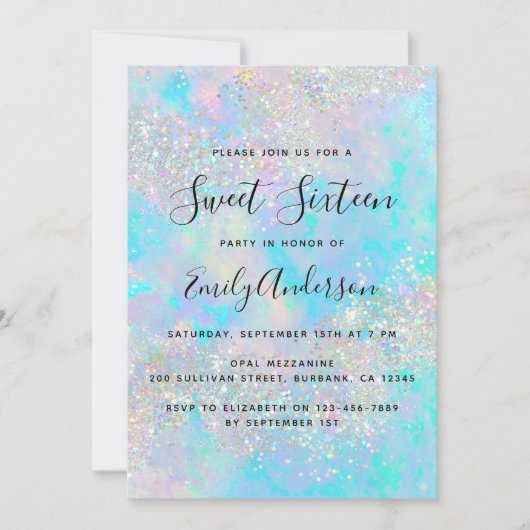 Glitter Opal Iridescent Sweet Sixteen holografisch Kaart (Voorkant)