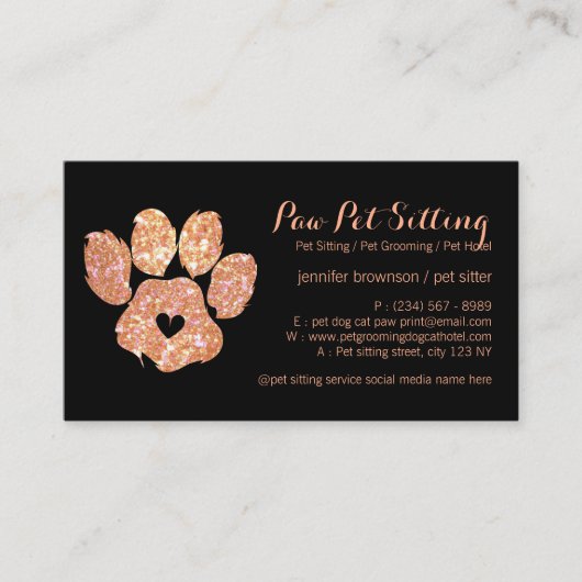 Glitter Oranje Pet Sitter Grooming Paw Visitekaartje (Voorkant)