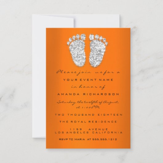 Glitter Oranje Silver Grey Baby shower Feet Kaart (Voorkant)