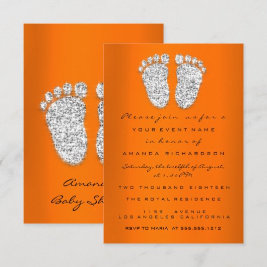 Glitter Oranje Silver Grey Baby shower Feet Kaart (Voorkant / Achterkant)