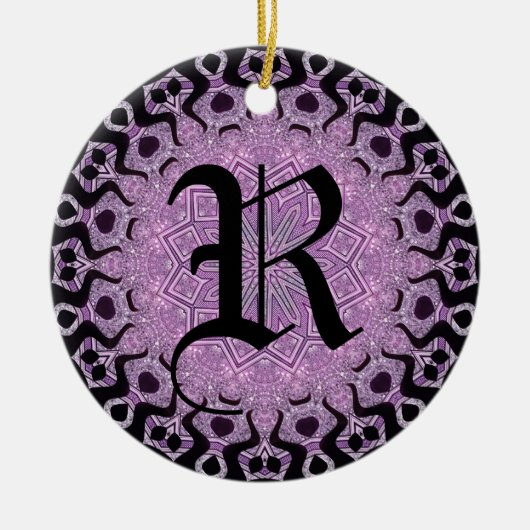 Glitter Paars Black Tribal Monogram Keramisch Ornament (Voorkant)