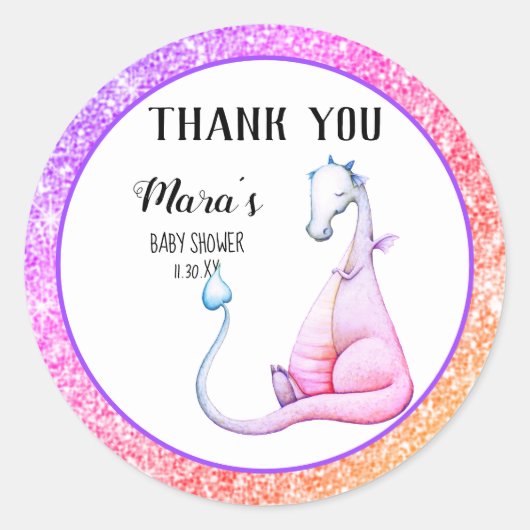 *~* Glitter Paars Dragon Baby shower Dank u Ronde Sticker (Voorkant)