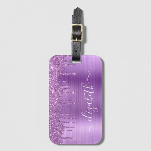 Glitter Paars Drips monogrammen Bagagelabel (Voorkant (verticaal))