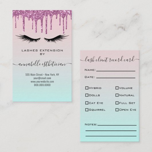 Glitter Paars Eyelash Extension Client Record Visitekaartje (Voorkant / Achterkant)