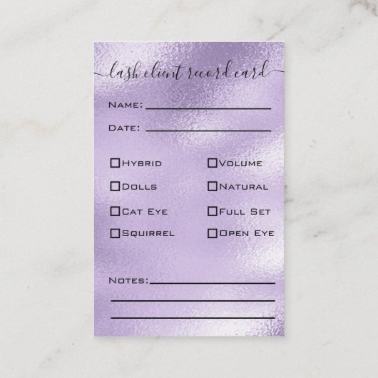 Glitter Paars Eyelash Extension Client Record Visitekaartje (Achterkant)