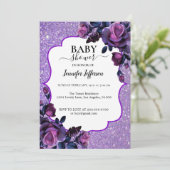 Glitter Paars Floral Baby shower Kaart (Staand voorkant)