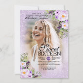 Glitter Paars Floral Foto Sweet 16 Kaart (Voorkant)