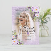 Glitter Paars Floral Foto Sweet 16 Kaart (Staand voorkant)