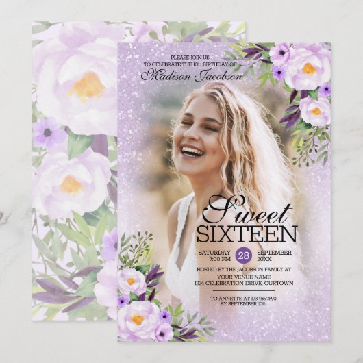 Glitter Paars Floral Foto Sweet 16 Kaart (Voorkant / Achterkant)
