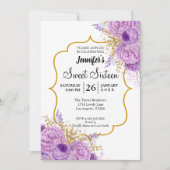 Glitter Paars Floral Sweet 16 Birthday Invitation Kaart (Voorkant)