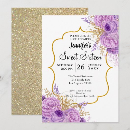 Glitter Paars Floral Sweet 16 Birthday Invitation Kaart (Voorkant / Achterkant)