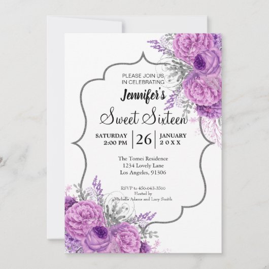 Glitter Paars Floral Sweet 16 Birthday Invitation Kaart (Voorkant)