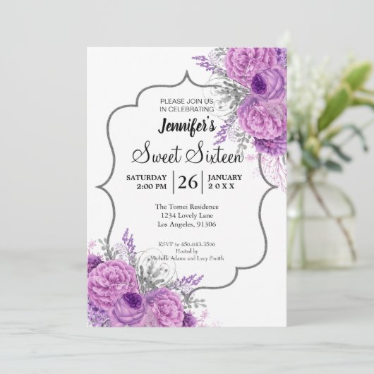 Glitter Paars Floral Sweet 16 Birthday Invitation Kaart (Staand voorkant)