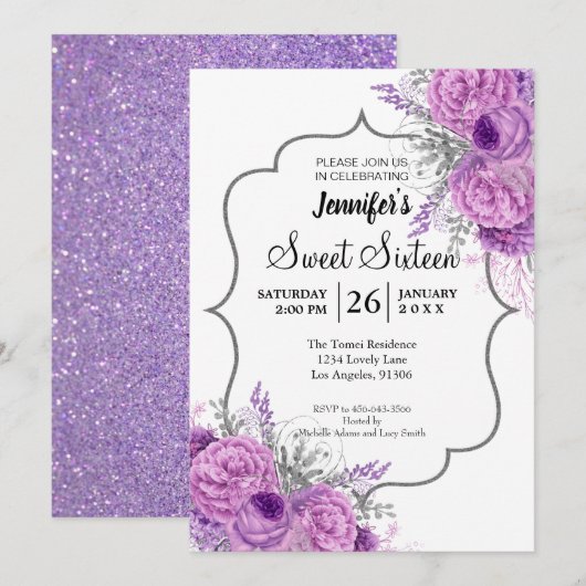 Glitter Paars Floral Sweet 16 Birthday Invitation Kaart (Voorkant / Achterkant)