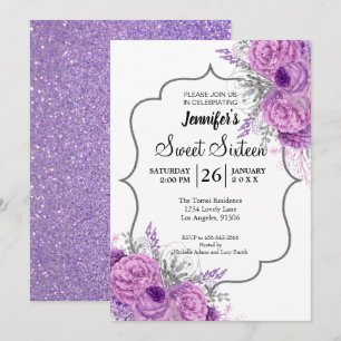Glitter Paars Floral Sweet 16 Birthday Invitation Kaart