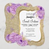 Glitter Paars Floral Sweet 16 Birthday Invitation Kaart (Voorkant / Achterkant)