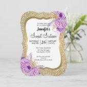 Glitter Paars Floral Sweet 16 Birthday Invitation Kaart (Staand voorkant)