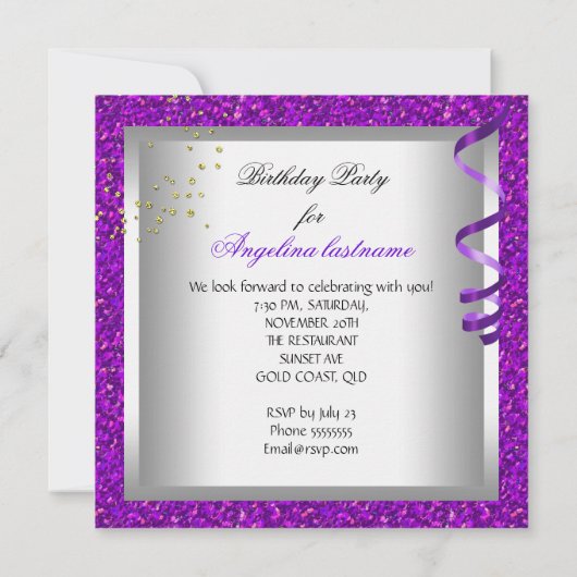 Glitter Paars Glamor Night Martini Party Kaart (Achterkant)