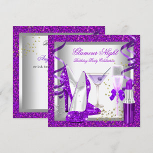 Glitter Paars Glamour Nacht Drankjes Verjaardagsfe Kaart