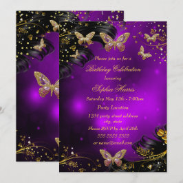Glitter paars Goud Zwart Vlinder Verjaardagsfeestj Kaart