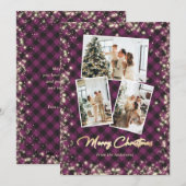 Glitter Paars Pset Gold 3 Fotokerstfeest Feestdagenkaart (Voorkant / Achterkant)