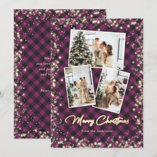 Glitter Paars Pset Gold 3 Fotokerstfeest Feestdagenkaart (Voorkant / Achterkant)