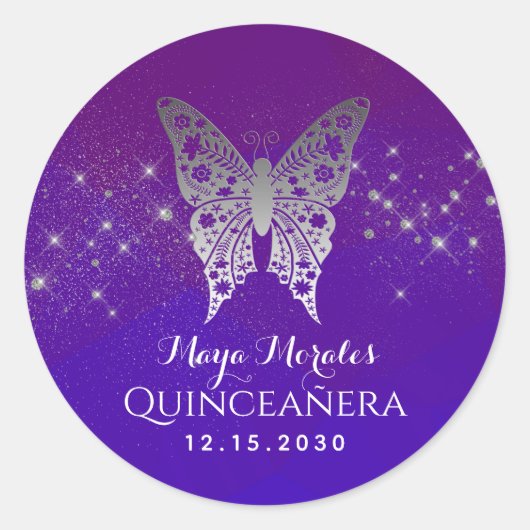Glitter Paars Quinceanera Ronde Sticker (Voorkant)