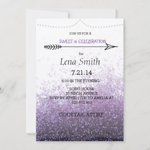 Glitter Paars Sweet 16 / Cocktail Party Invite Kaart