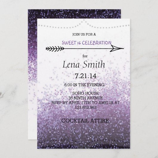 Glitter Paars Sweet 16 / Cocktailparty Uitnodiging (Voorkant / Achterkant)