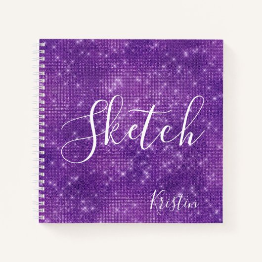 Glitter Paars White Script Jouw naam Sketchbook Notitieboek (Voorkant)