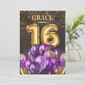 Glitter Paarse ballonnen 16e verjaardag Kaart (Staand voorkant)