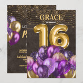 Glitter Paarse ballonnen 16e verjaardag Kaart (Voorkant / Achterkant)