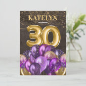 Glitter Paarse ballonnen 30e verjaardag Kaart (Staand voorkant)