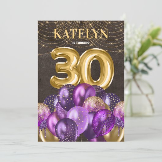 Glitter Paarse ballonnen 30e verjaardag Kaart (Staand voorkant)