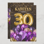 Glitter Paarse ballonnen 30e verjaardag Kaart (Voorkant / Achterkant)