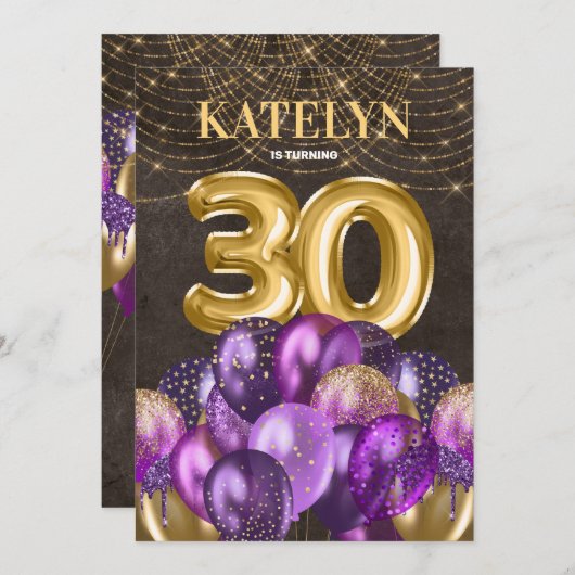 Glitter Paarse ballonnen 30e verjaardag Kaart (Voorkant / Achterkant)