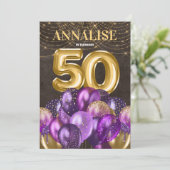 Glitter Paarse ballonnen 50e verjaardag Kaart (Staand voorkant)