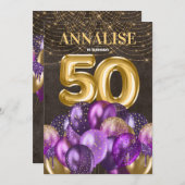Glitter Paarse ballonnen 50e verjaardag Kaart (Voorkant / Achterkant)