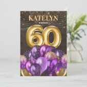 Glitter Paarse ballonnen 60e verjaardag Kaart (Staand voorkant)