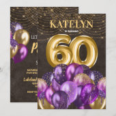 Glitter Paarse ballonnen 60e verjaardag Kaart (Voorkant / Achterkant)