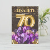Glitter Paarse ballonnen 70e verjaardag Kaart (Staand voorkant)