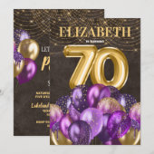 Glitter Paarse ballonnen 70e verjaardag Kaart (Voorkant / Achterkant)