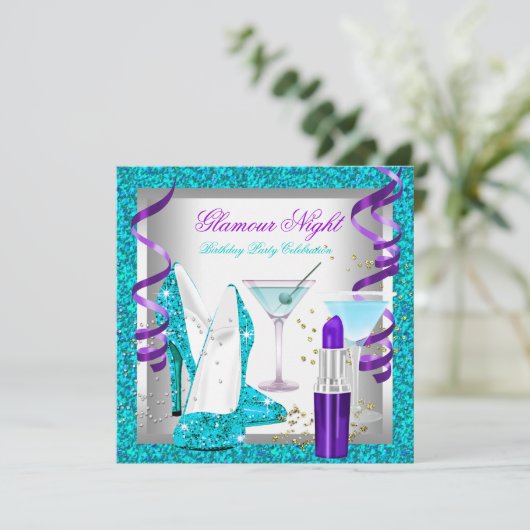 Glitter Paarse Blauwgroen Glamor Night Martini Kaart (Staand voorkant)