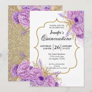 Glitter Paarse Bloemige Quinceanera Uitnodiging